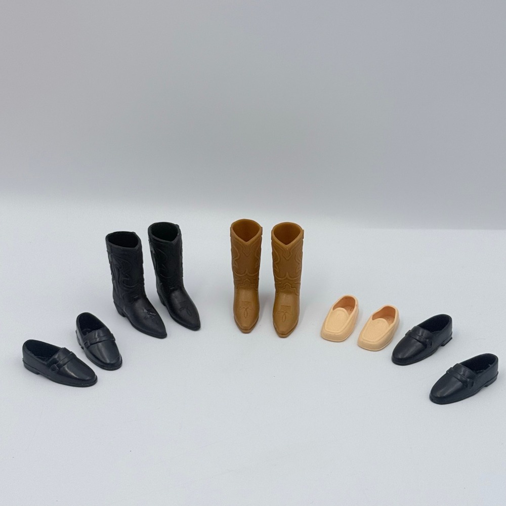 Vintage Ken Doll Shoes Lot 5 Pairs Cowboy Boots Loafers Black Tan Cream Plastic